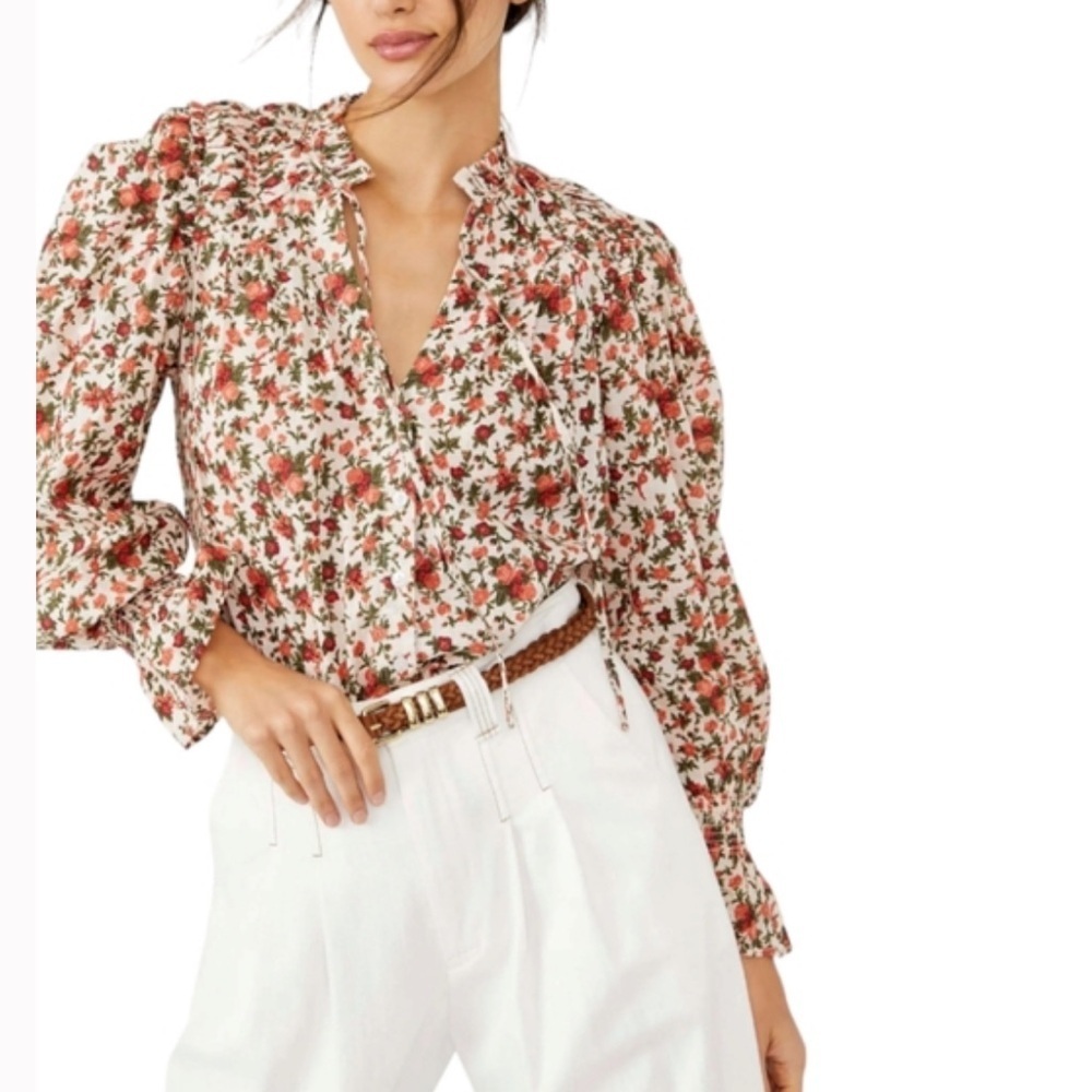 Free People Meant to Be Cotton Floral Ruffle Longsleeve Blouse - Small